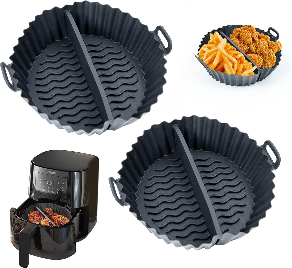 SnelShoppen - Silicone Mallen voor Air Fryer, 2 Stuks, Herbruikbare Siliconen Mould, Zwart, Geschikt voor Air Fryer, Magnetron en Oven, 20x16x6.5 cm