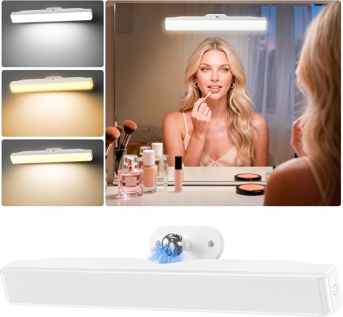 SnelShoppen - Dimbare LED Make-up Spiegel Lamp, 4000mAh Oplaadbare Verlichting zonder Kabel, 360° Draaibare Spiegel Lamp voor Badkamer en Make-up, Dra
