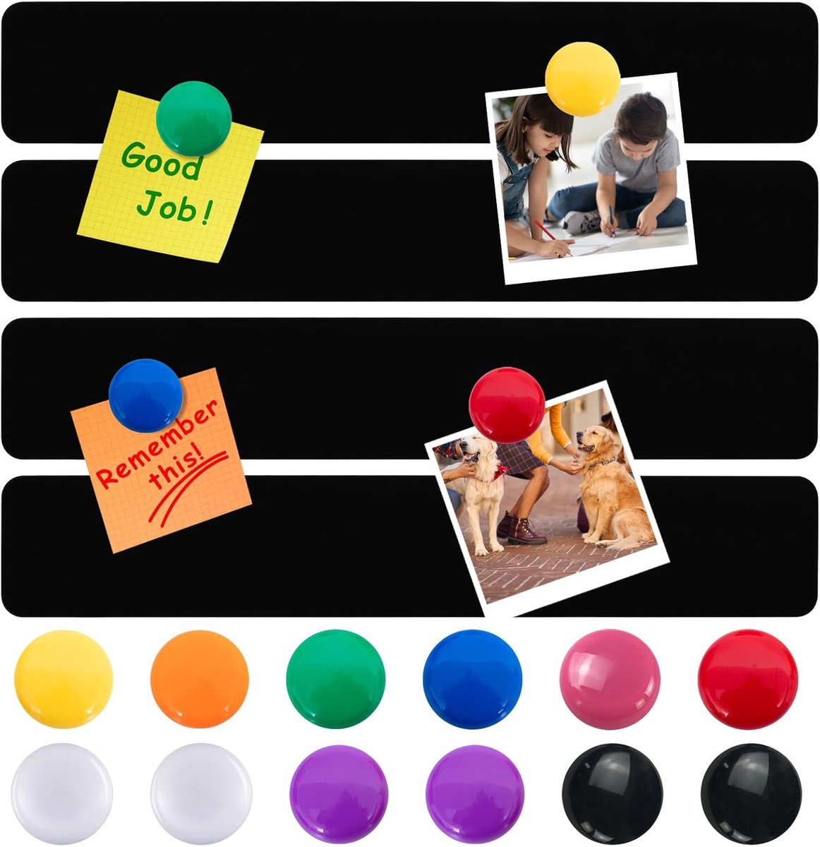 SnelShoppen - Magnetic Board Memo Board 30 x 5 cm Zwart Zelfklevende Magnetische Strips met 12 Kleurrijke Magneten voor Kantoor, Fotowand en Creatieve