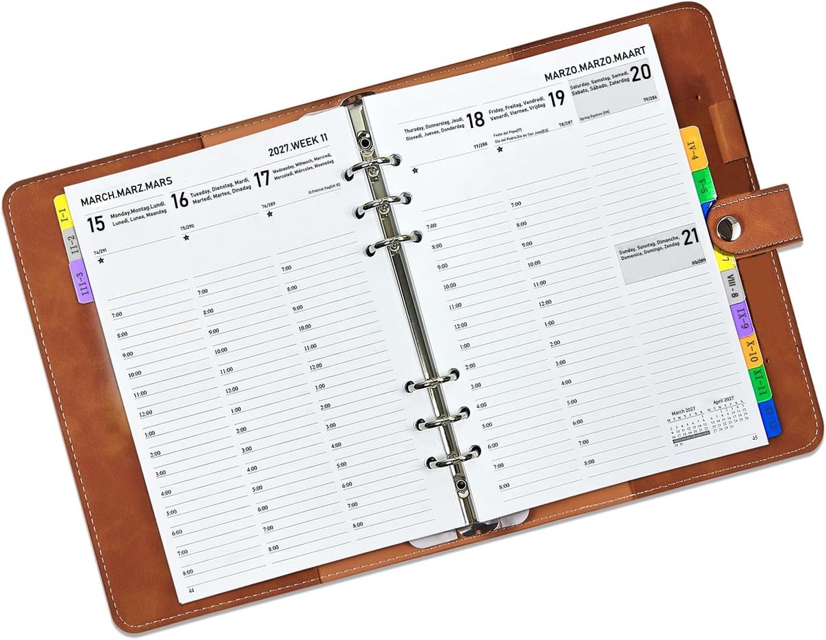 SnelShoppen - Weekplanner 2027 A5 Navulbaar - Verticaal 7-20 Uur - Januari tot December - Zachte PU-lederen Omslag - Maandtabbladen voor Kantoor, Scho