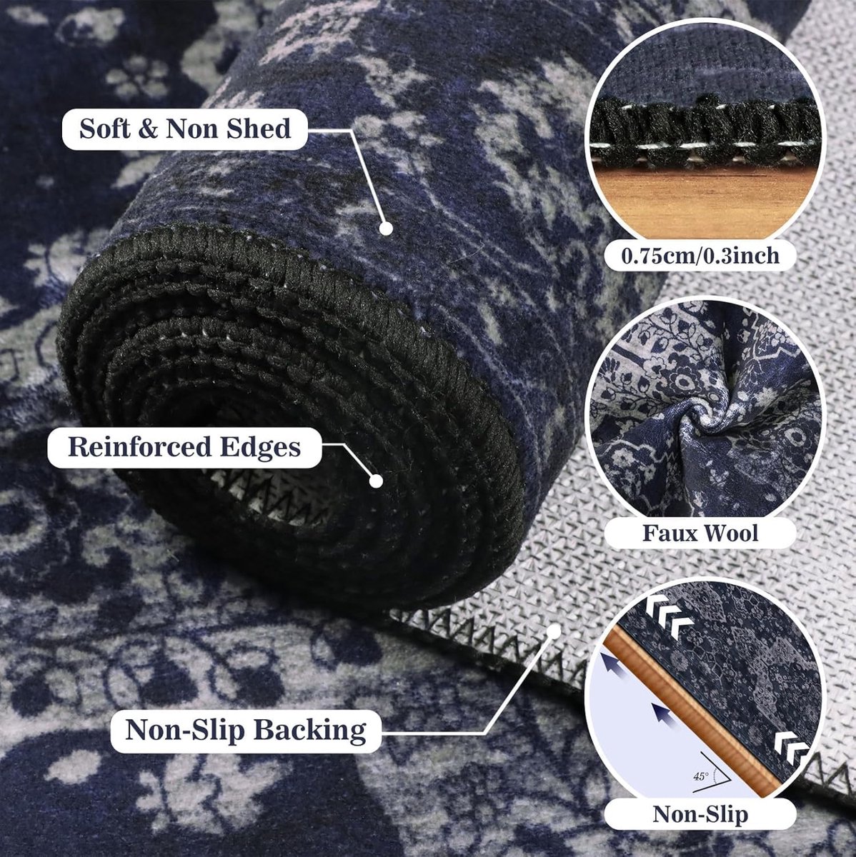 SnelShoppen - Vintage Carpet Runner 60x180cm - Navy Blue Boho Non-Slip Vloerkleed voor Hal, Keuken, Badkamer, Slaapkamer, Deurmat - Wasbaar Laagpolig