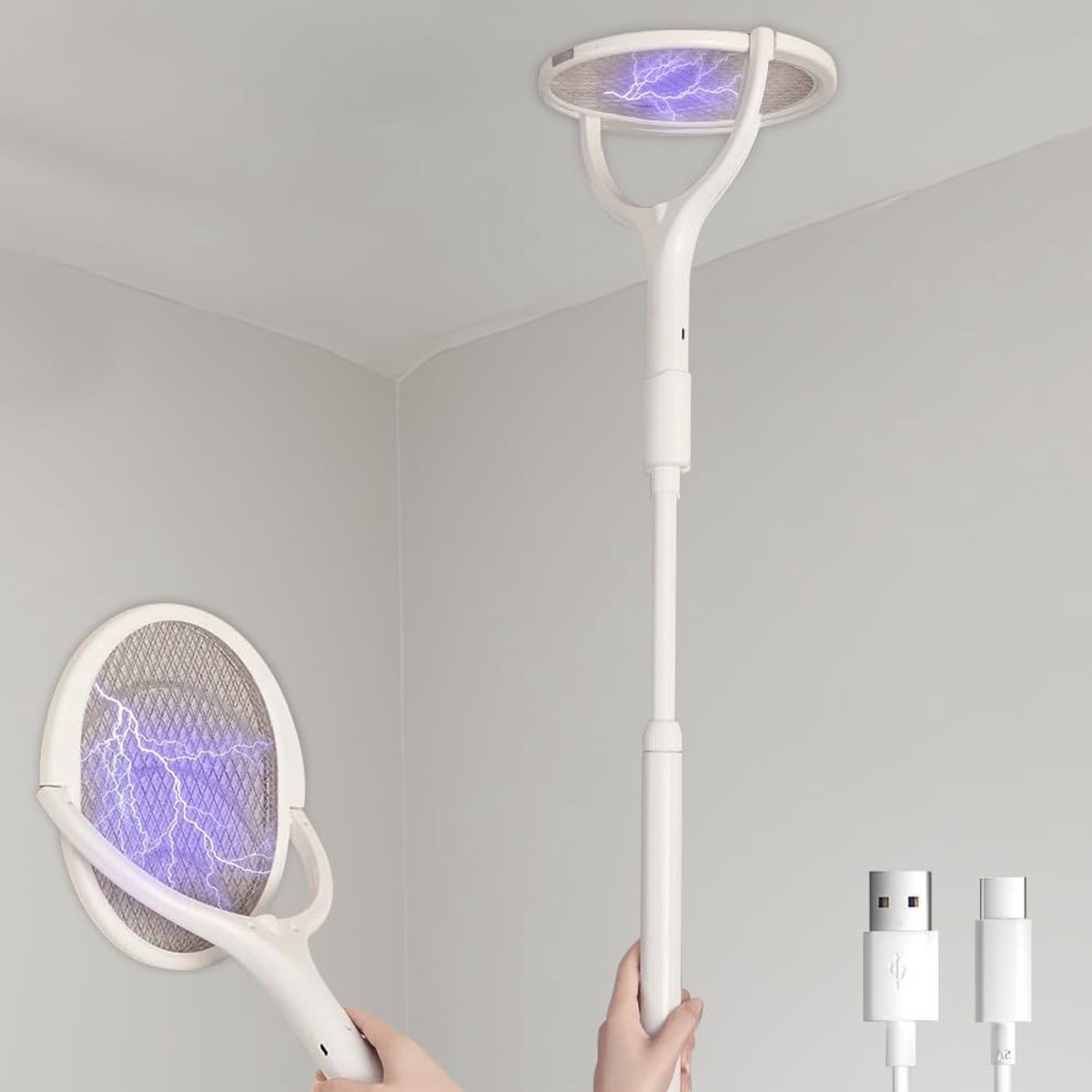 SnelShoppen - Elektrische Vliegenmepper met Draaibare Kop en Uitschuifbare Steel (43–70 cm), Oplaadbaar via USB-C, UV-Insectenval voor Muggen en Vlieg