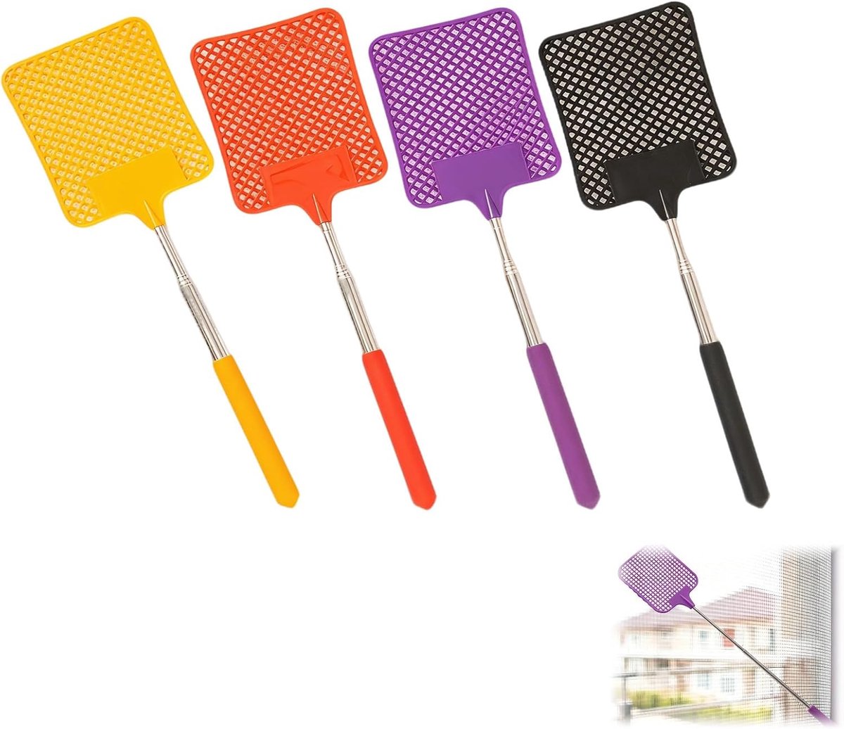 SnelShoppen - Vliegenmepper Set 4 Stuks Uittrekbare Telescopische Vliegenmepper RVS Handgreep 27.5-76cm Kleurrijk Voor Binnen Buiten Muggen Bestrijden