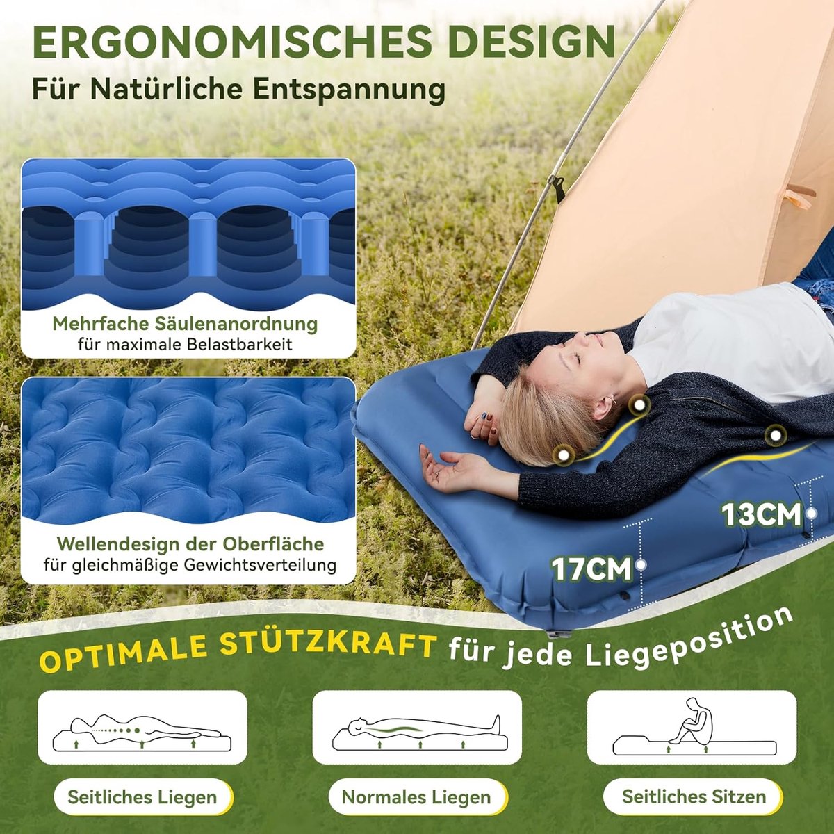SnelShoppen - Zelfopblazende Slaapmat 13 cm Dikte met Kussen - Ultra Dikke Campingmat - Lichtgewicht Klein Formaat met Voetpomp - Ideaal voor Buiten,