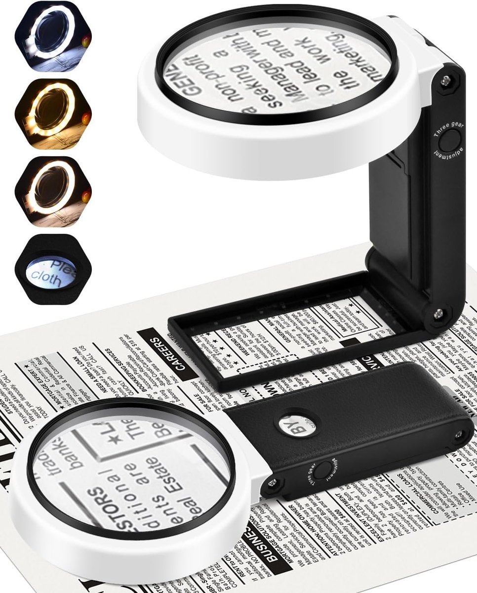 SnelShoppen - 32 LED Vergrootglas met Licht en Standaard - Dimbare Handloep met 4 Modi - Grote Leesloep voor Senioren - Ideaal voor Lezen, Hobby's en