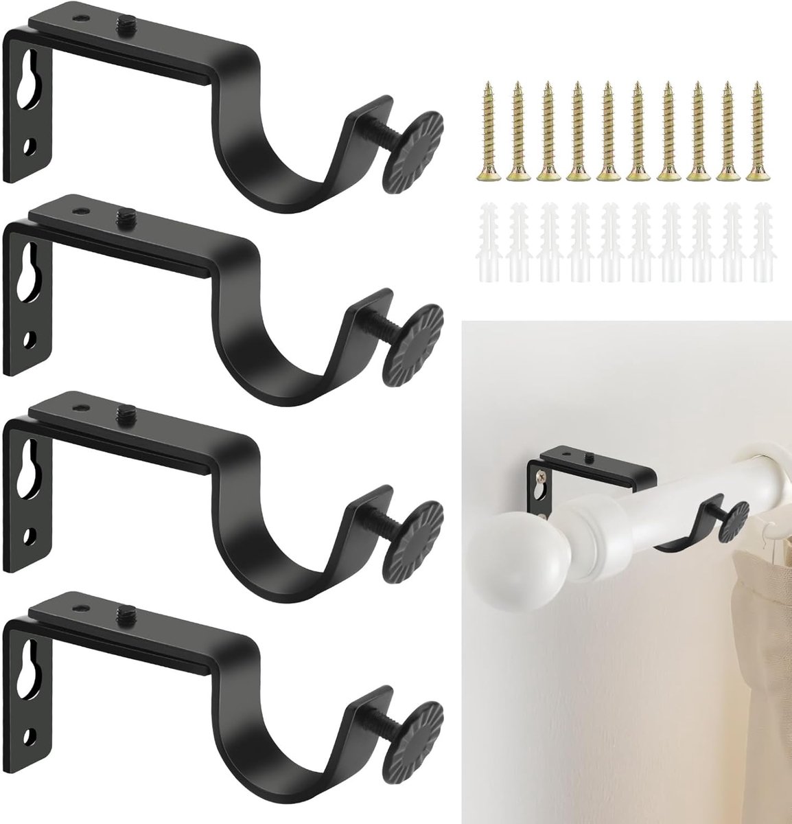 SnelShoppen - 4Pcs 28mm Verstelbare Zwarte Gordijnroede Steunen - Metaal Zware Draagkracht Beugels met Schroeven voor Slaapkamer, Kantoor, Badkamer, D