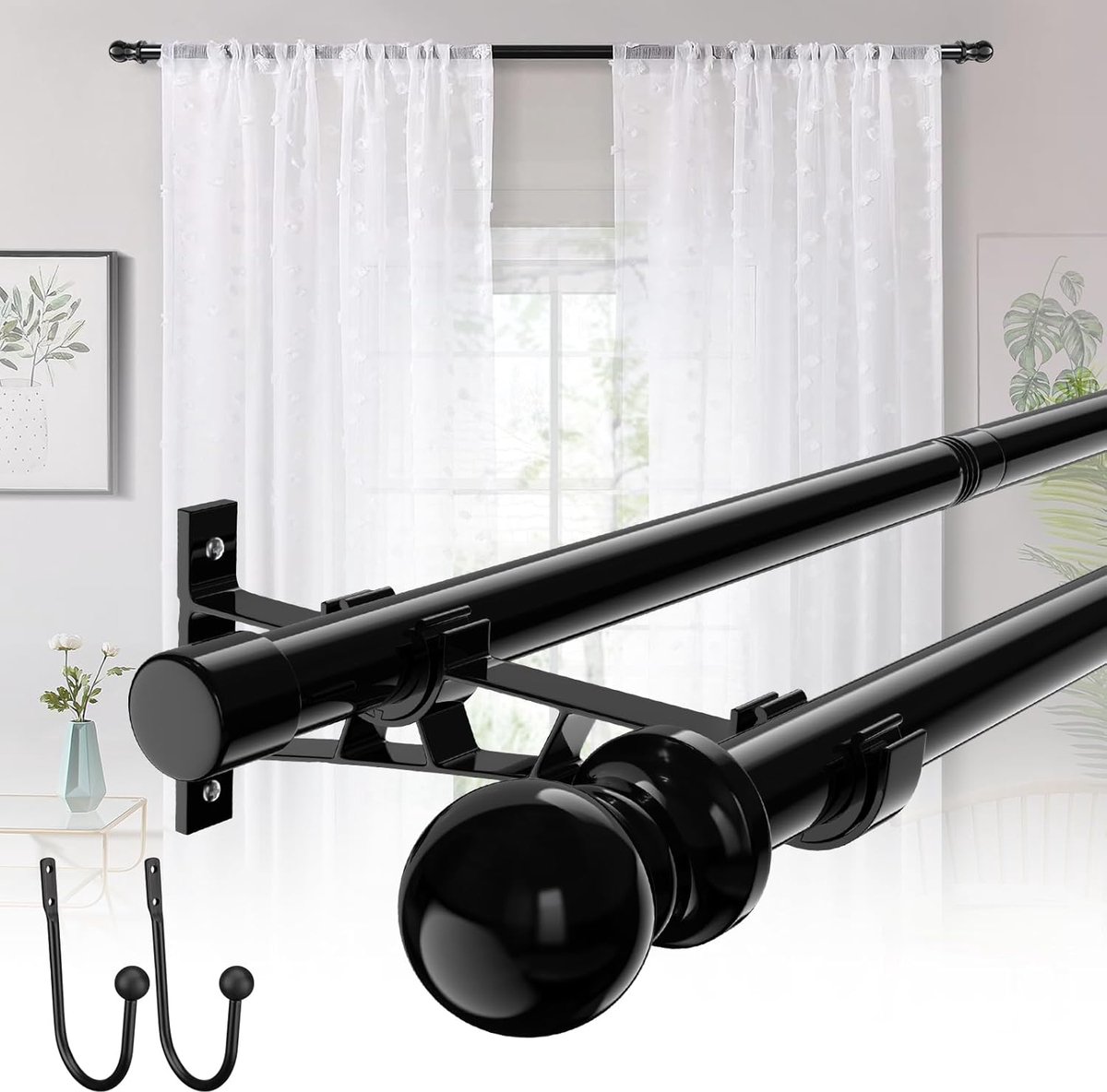 SnelShoppen - Verstelbare Dubbele Gordijnroede met Clips 82-389 cm - Sterke Decoratieve Gordijnroede 2,5 cm voor Raam, Badkamer, Slaapkamer, Terras