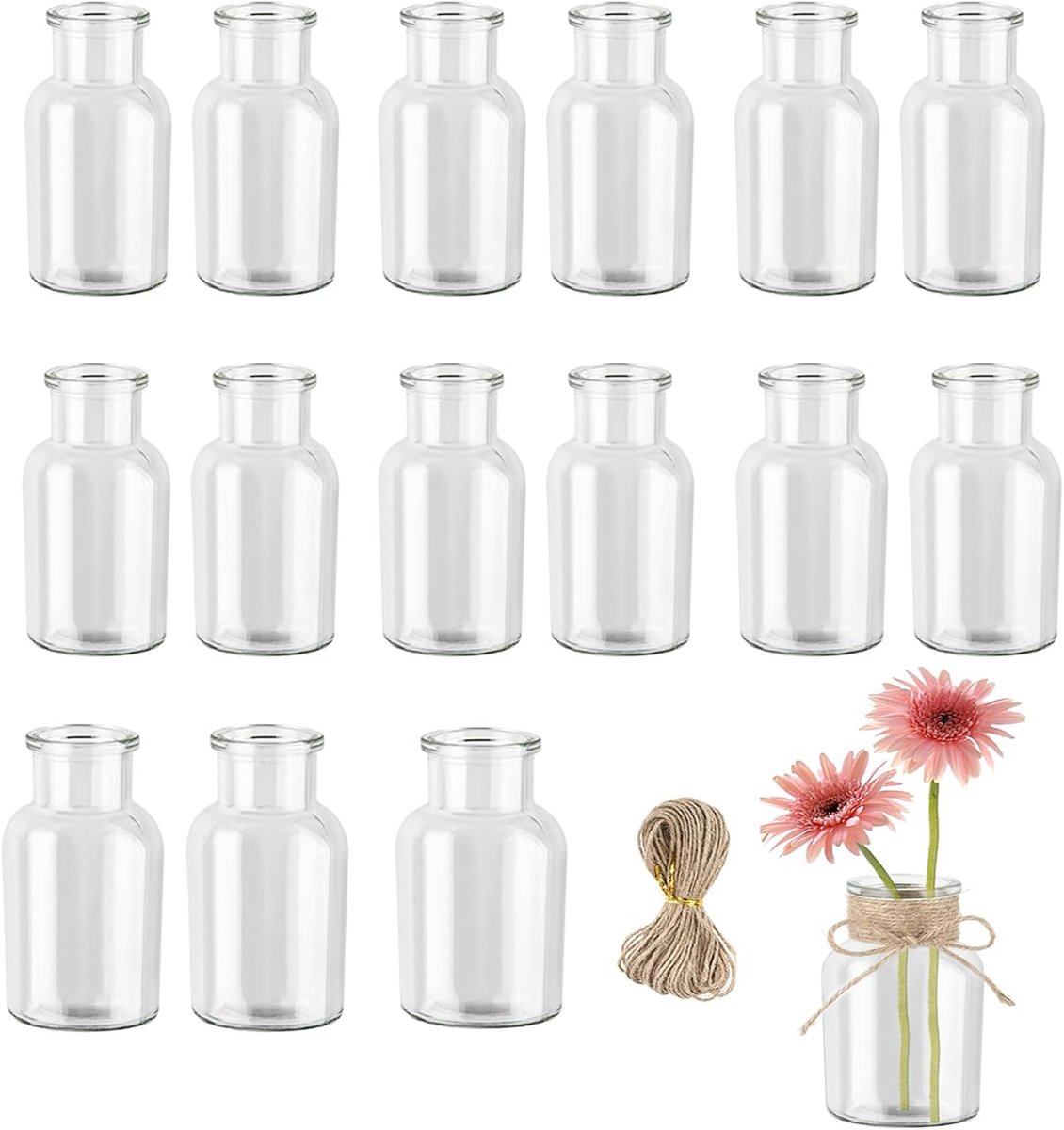 SnelShoppen - Set van 16 Mini Bloemen Vazen 125 ml - Transparante Glazen Vazen voor Tafel Decoratie, Bruiloft Decoratie, Jute Touw Inclusief