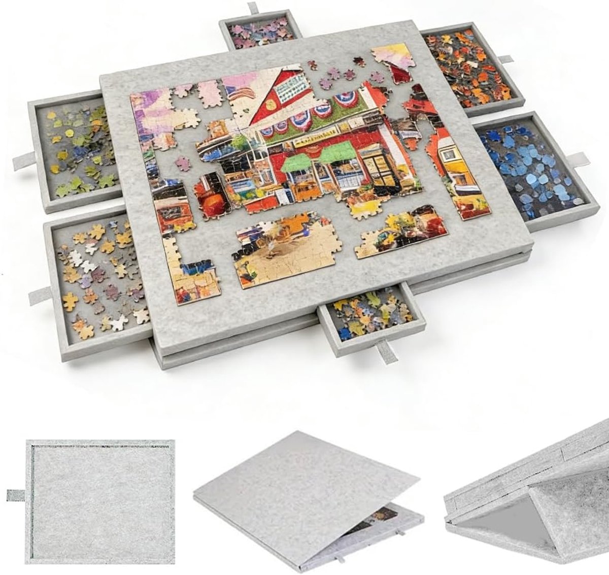 SnelShoppen - Opvouwbare Puzzeltafel met Afdekking en 6 Sorteertray - Kantelbare Puzzelplaat van Vilt voor Maximaal 1000 Stukjes - Licht en Draagbaar
