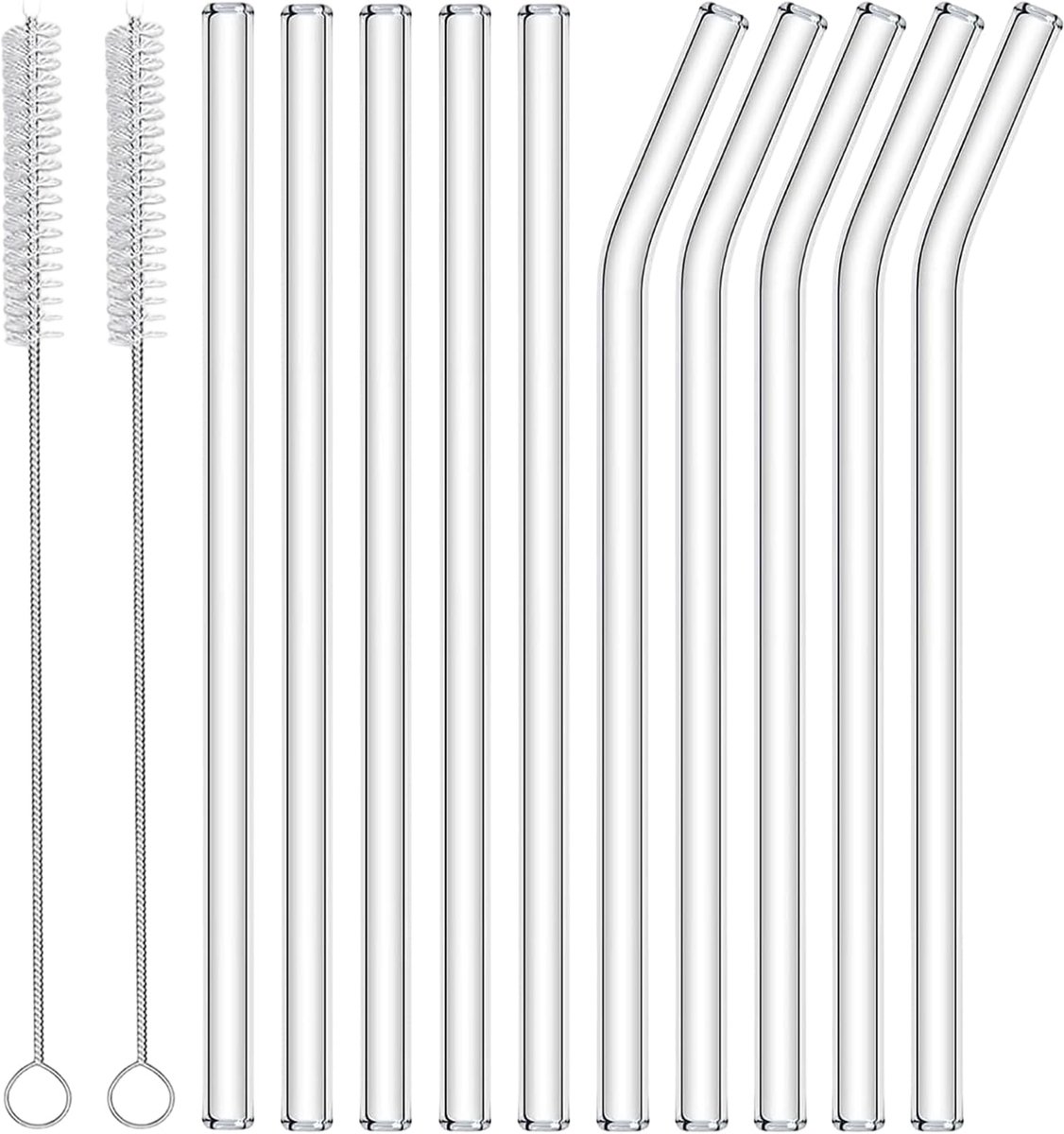 SnelShoppen - Set van 12 herbruikbare glazen rietjes, 5 rechte en 5 gebogen 18 cm, 2 reinigingsborstels, duurzaam en hittebestendig, perfect voor fees