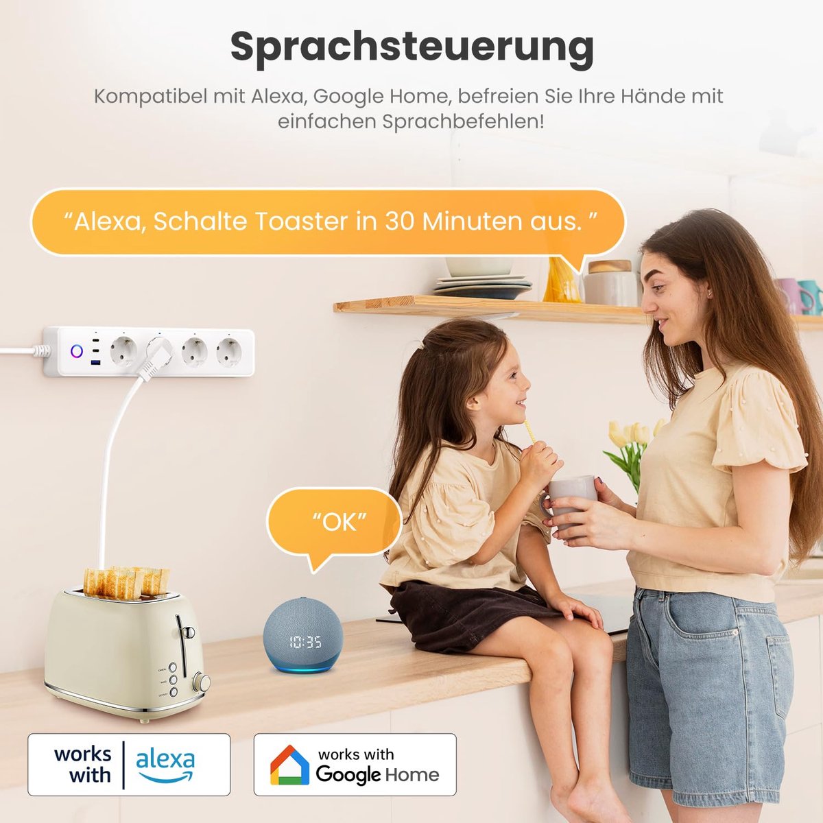 SnelShoppen - Slimme Stekkerdoos 4x 10A met 2x Type C en 1x USB - Afstandsbediening via Alexa, Google Assistant - Perfect voor Thuis, Kantoor, Camping
