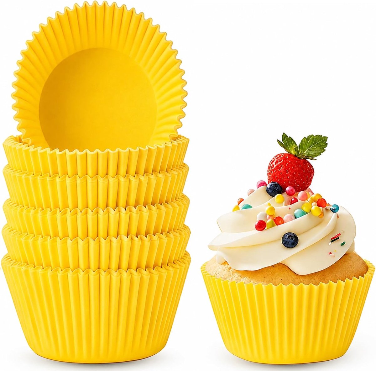 SnelShoppen - 100 Stuks Gele Muffin Mallen, Cupcake Mallen | 5cm Onderdiameter x 7cm Breed x 3.2cm Hoog - Ideaal voor Bakken, Desserts, Verjaardagen,