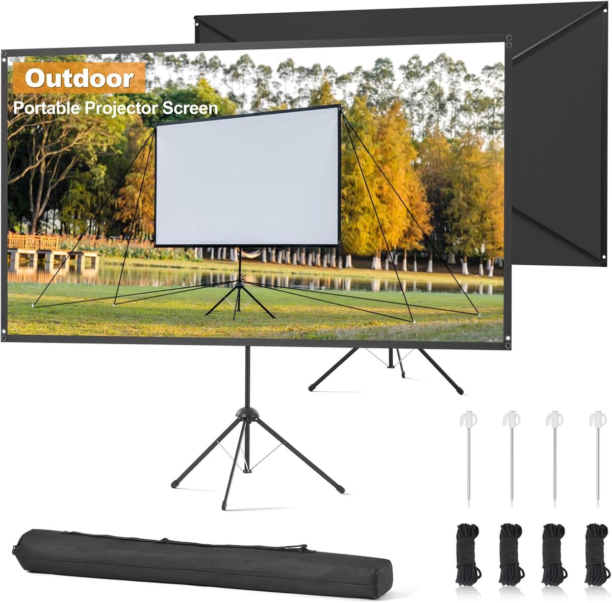 SnelShoppen - Outdoor Projectiescherm 80 Inch met Statief, Windbestendig, 4K Beeldkwaliteit voor Buiten, Camping en Thuisbioscoop, Inclusief Touwen en