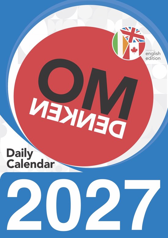 Scheurkalender 2027, 'Omdenken' in rode cirkel, Daily Calendar, Engelse editie met vlaggen.