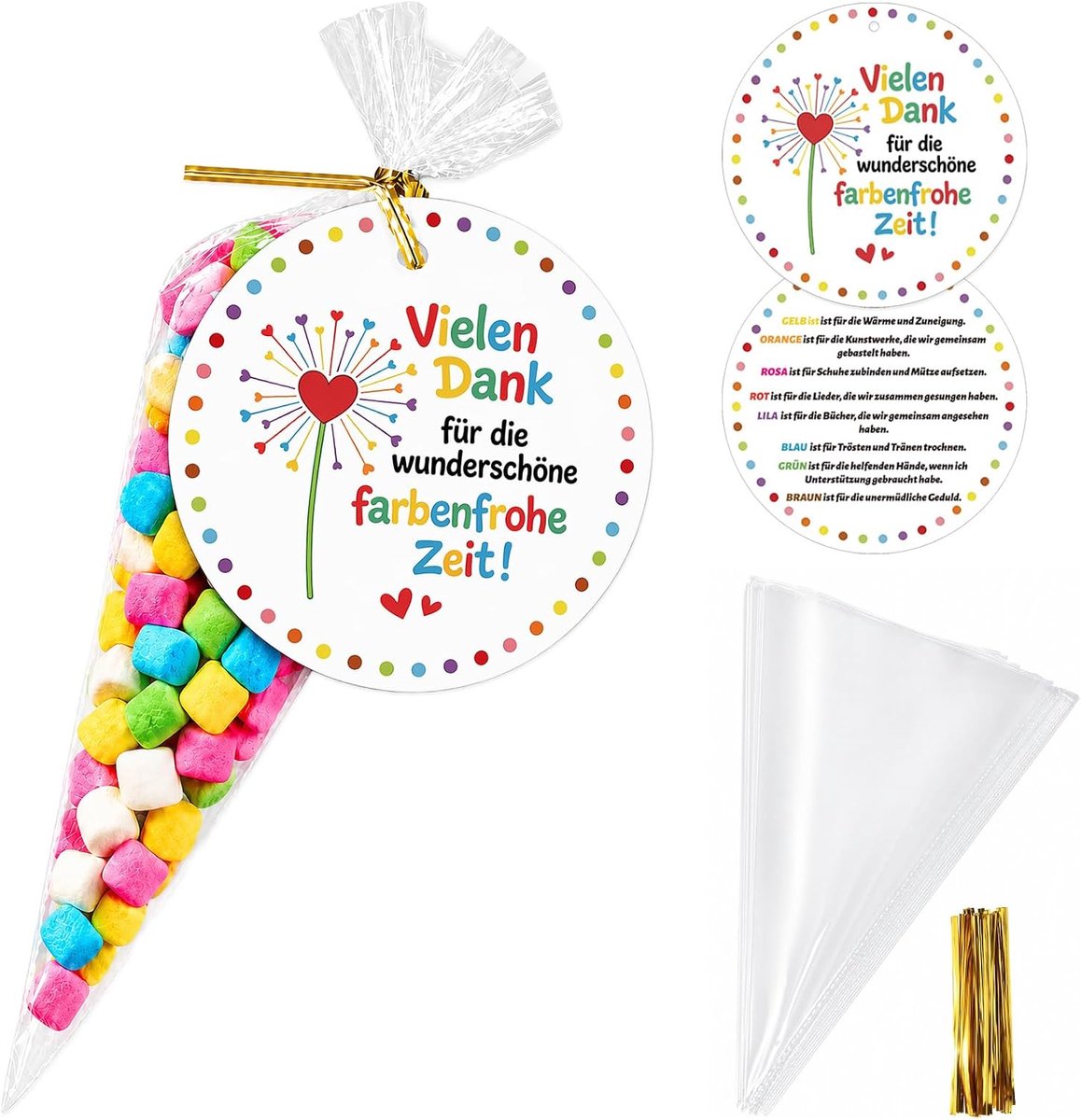 SnelShoppen - 50 Stuks Dubbelzijdige Cadeauhangers met Kegelvormige Zakjes - Gepersonaliseerd Afscheidscadeau voor Leraar - Bedankjes voor Afscheid, F