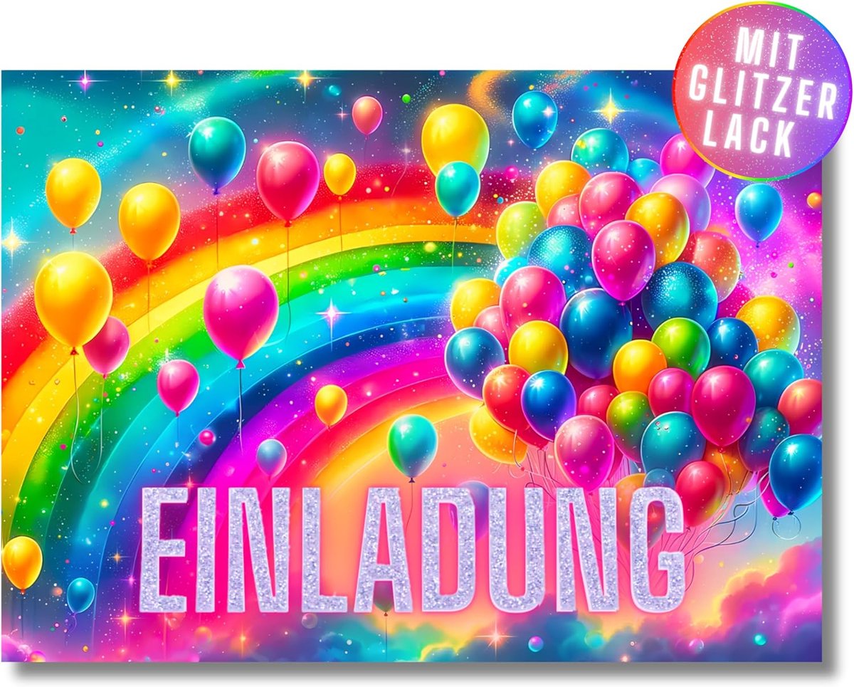 SnelShoppen - Regenboog Verjaardagsuitnodigingen voor Kinderen, Set van 12, DIN A6, Ballonnen Thema, Roze Glitter, Feestelijke Uitnodigingen voor Meis
