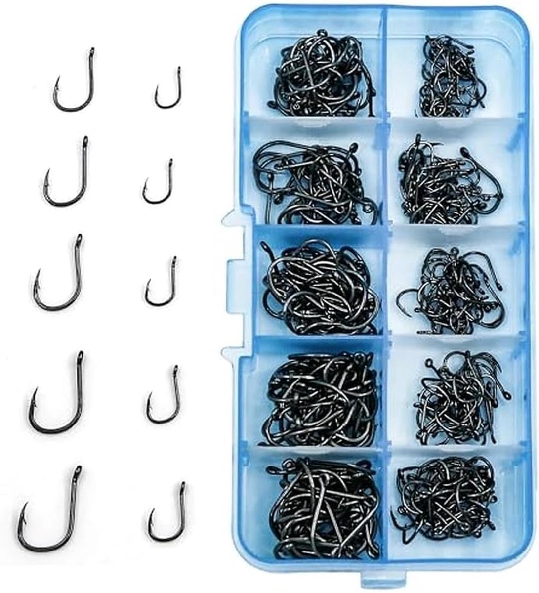 SnelShoppen - 500pcs Carbon Staal Vissen Haken Set met Plastic Doos - Hoogwaardige Vissen Haken voor Zee- en Karpervissen in 10 Maten 3#-12#