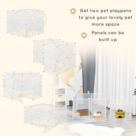 Voorbeelden van configuraties en gebruik van witte, modulaire rennen met knaagdieren.