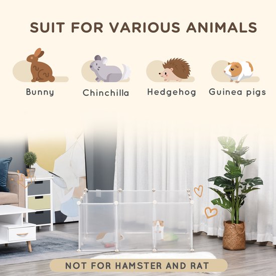 Illustraties van dieren (konijn, chinchilla, egel, cavia) en een witte ren met cavia's.