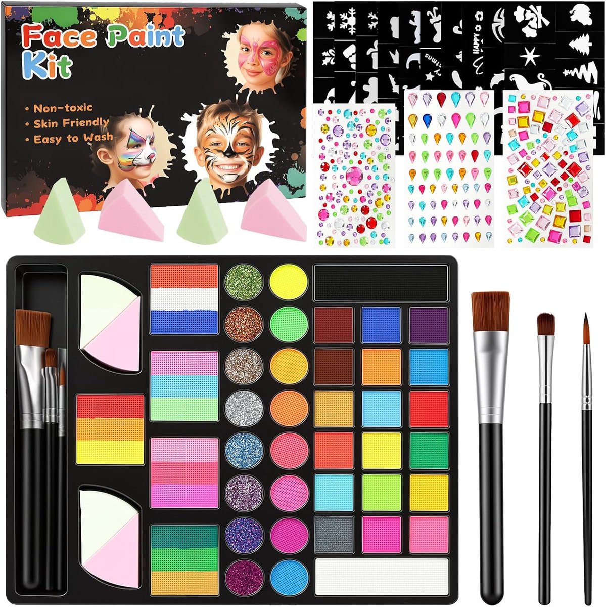 SnelShoppen - Kindermake-up Set, 43 Kleurige Gezichtskleuren, 8 Glitters, 87 Sjablonen, 3 Diamant Stickers, 2 Kwasten voor Halloween, Carnaval, Kerst,