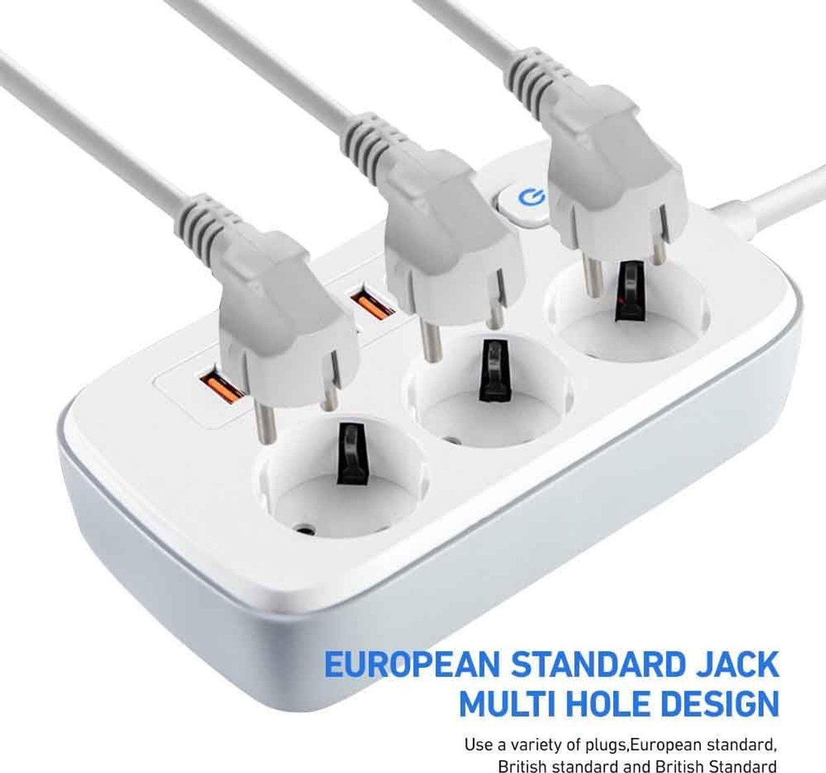 SnelShoppen - 3-voudige Platte Stekkerdoos met 3 AC Stopcontacten, 4 USB Opladers, 2 Type-C en 2m Kabel - Ideaal voor Thuis, Kantoor en Reizen