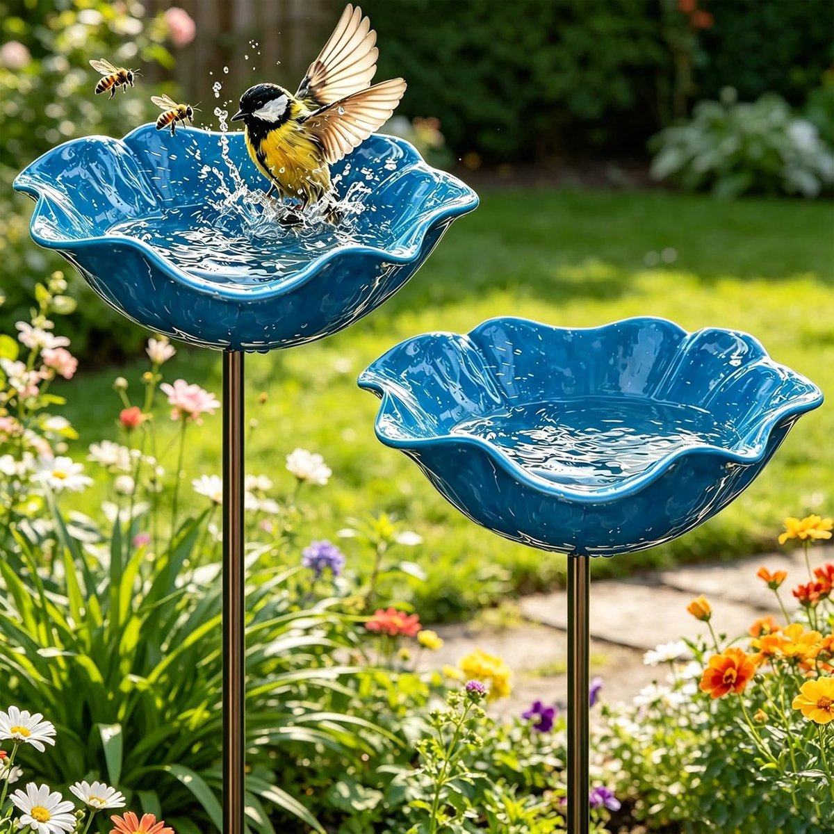 SnelShoppen - Bird Bath 2-delig Waterbad voor Vogels Handgemaakt Bloemvorm Insectenbak Tuin Vogelbad Frost-Proof Metaal voor Tuin en Achtertuin