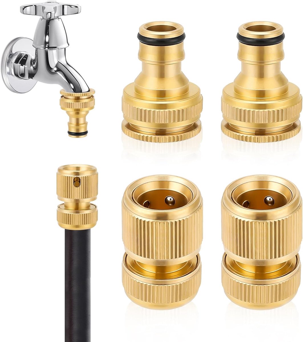 SnelShoppen - 4-delige Messing Tuinslang Aansluitset - 1/2" & 3/4" Snelaansluitingen, 2-in-1 Kraanconnectoren voor Tuinslang Reparatie