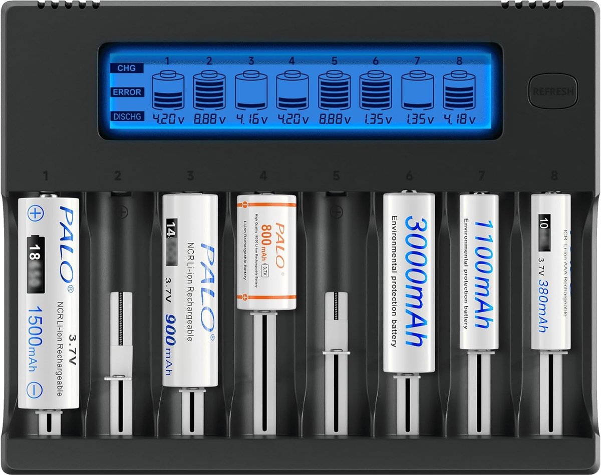 SnelShoppen - 18650 Slimme Acculader 8-Weg LCD Oplader Universeel met Ontlaadfunctie voor 3.7V Li-Ion 18650 26650 16340 21700 14500 1.2V AA/AAA Oplaad