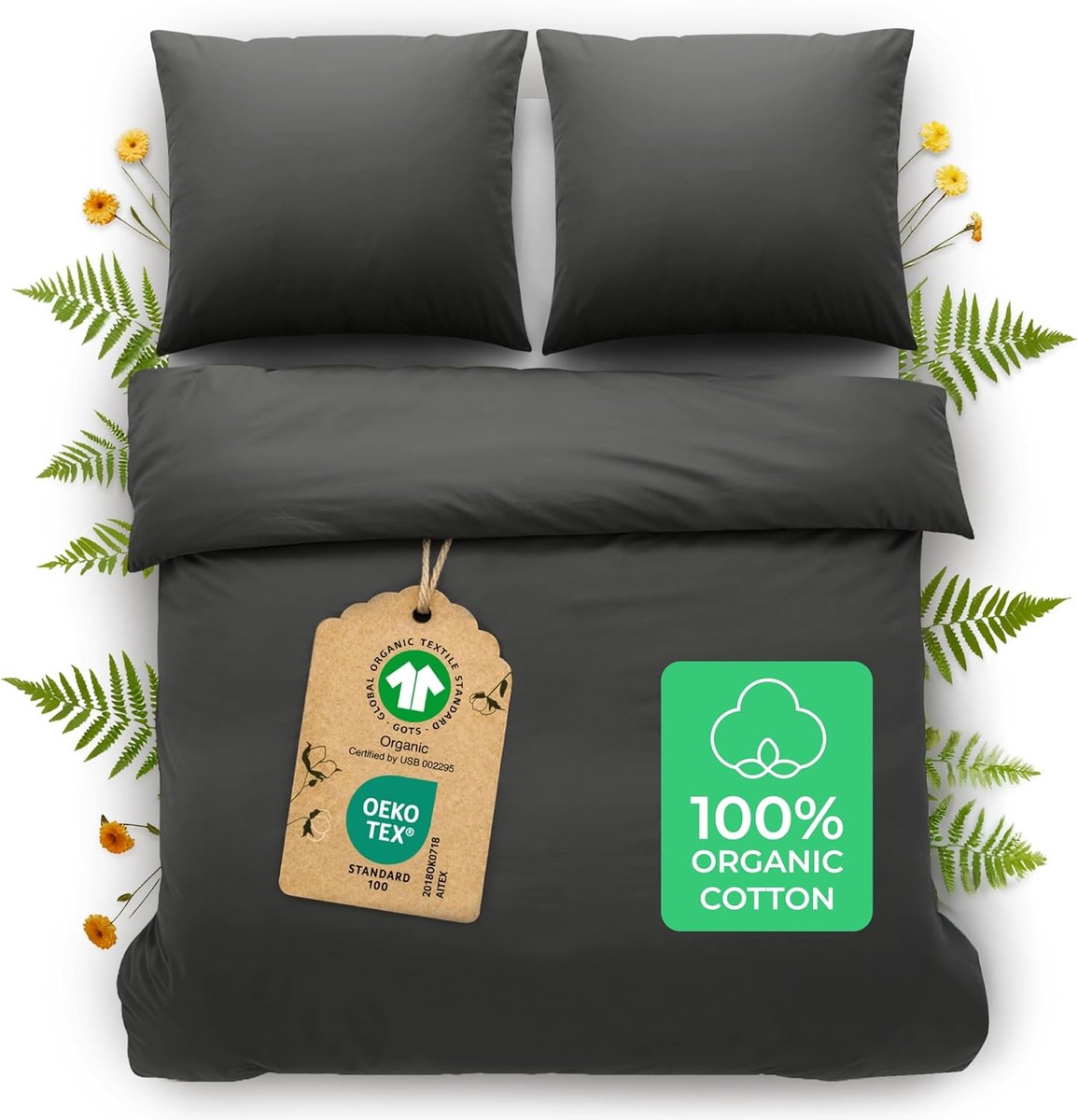 SnelShoppen - Dekbedovertrek 155x220 cm + 2 Sloop 80x80 cm Organisch Katoen - Percale 180 TC - Bedlinnen Donkergrijs - Ademend en Zacht - Oeko-Tex & G
