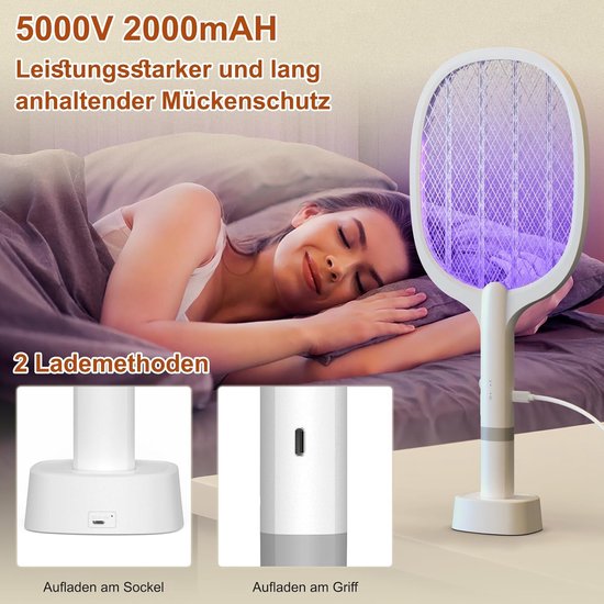 Vliegenmepper met UV-licht naast slapende vrouw. Opladen via sokkel of handvat, 5000V 2000mAh.