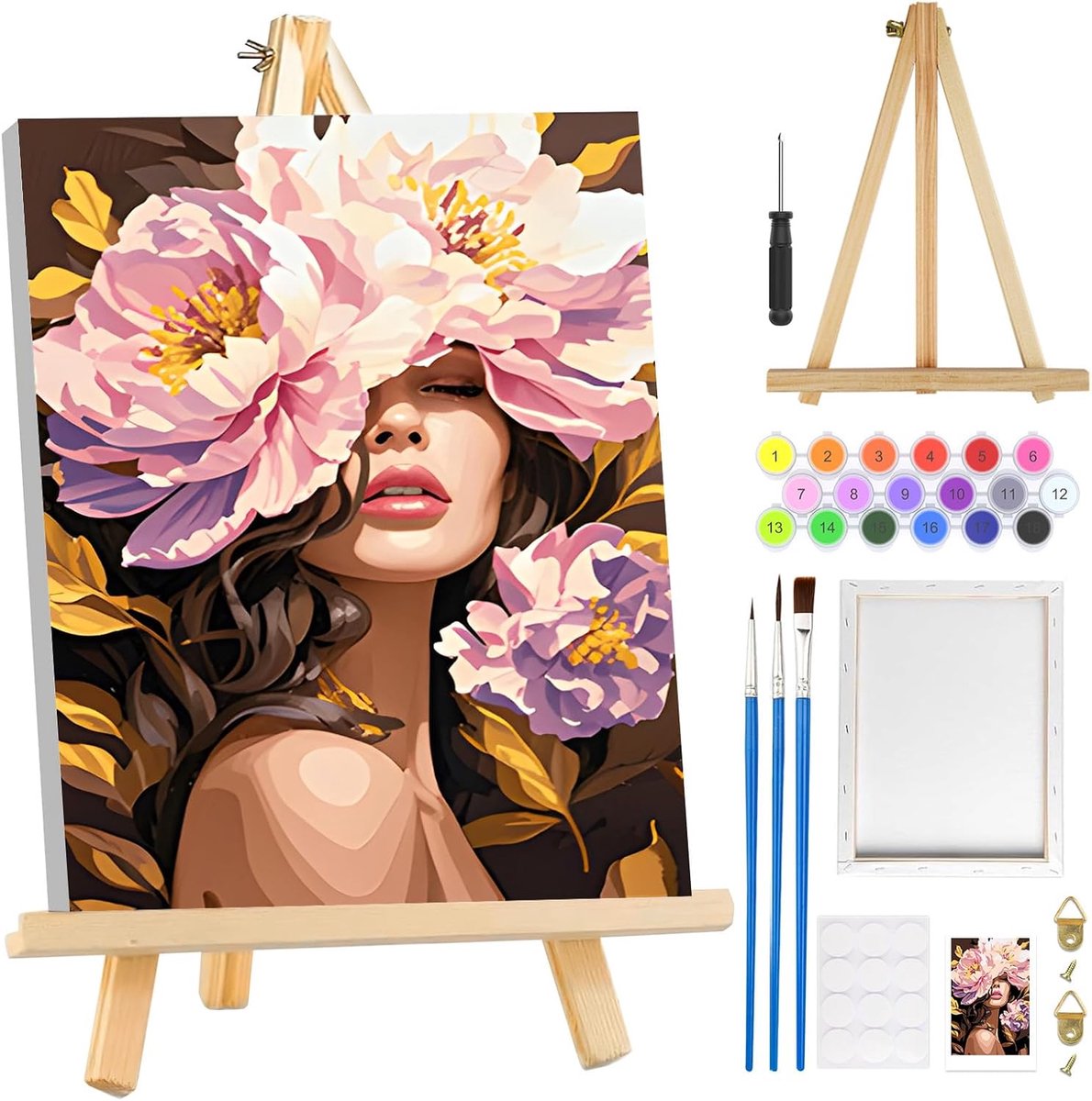 SnelShoppen - Schilderen op Nummer Set voor Volwassenen met Lijst en Easel - DIY Schilderen met Dieren en Bloemen - 8x30 cm Acryl Verf Canvas Set