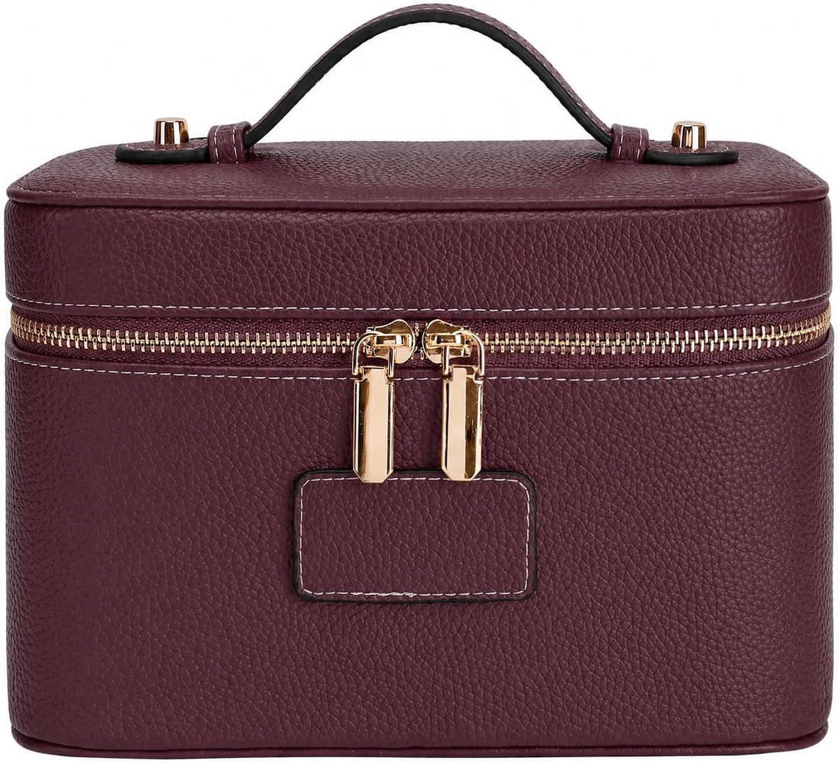 SnelShoppen - Grote Cosmetica Tas, Faux Leer Toilettas voor Vrouwen, Reis Make-up Tas met Compartimenten en Handvat, Vintage Wijnrood, Hard Shell Beau