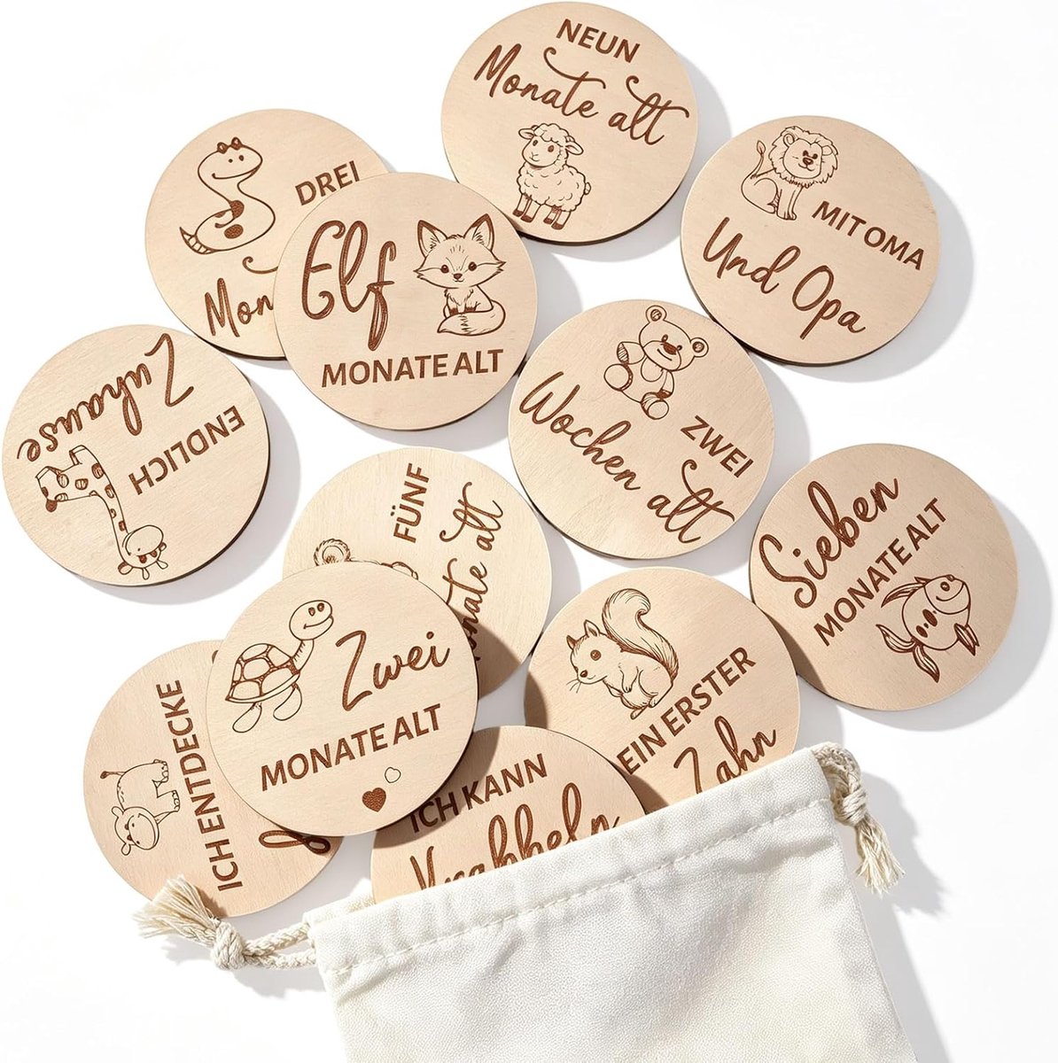 Mijlpaalkaarten Baby - Houten Schijven - Herinneringen Vastleggen - Safari Dieren Motief - 15 Stuks - Houtkleur