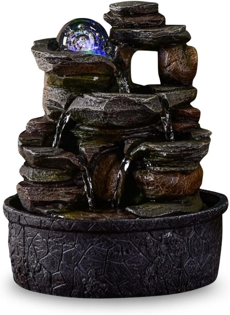 SnelShoppen - Waterfall Indoor Fountain met Natuursteen Effect, Kleurvolle LED Verlichting, 26.5x22.9cm - Relaxerende Zen Tafel Fontein voor Thuis, Tu