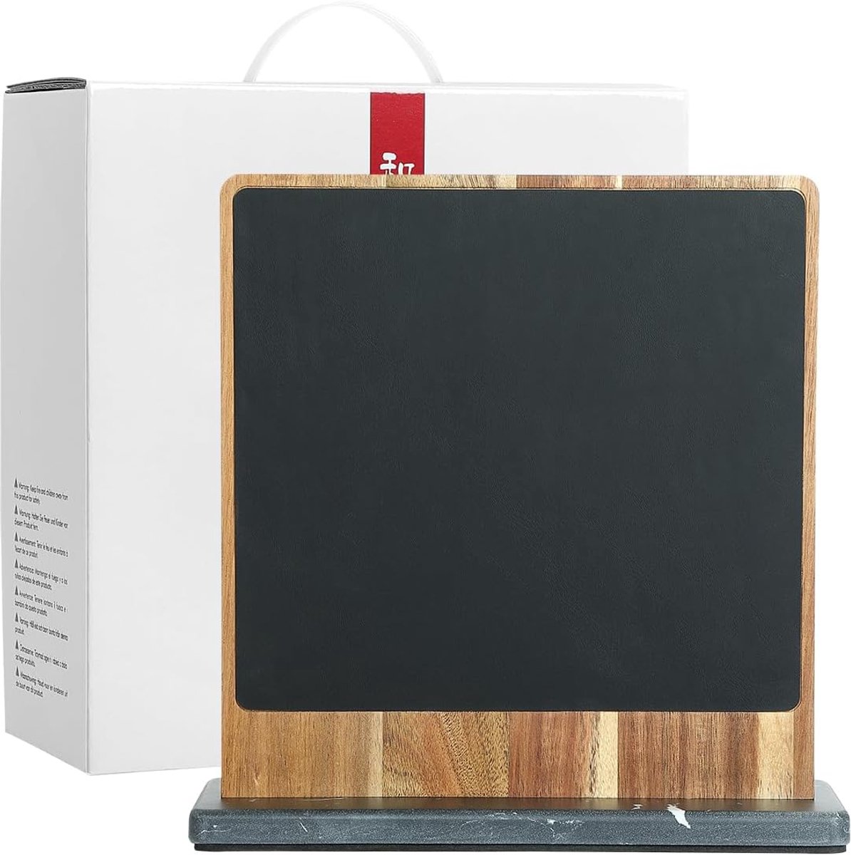 SnelShoppen - Double Sided Magnetic Knife Block - Acacia Houten Mes Houder met PU Leer, Antislip Marmer Voet voor Keuken, Hygiënisch en Stijlvol