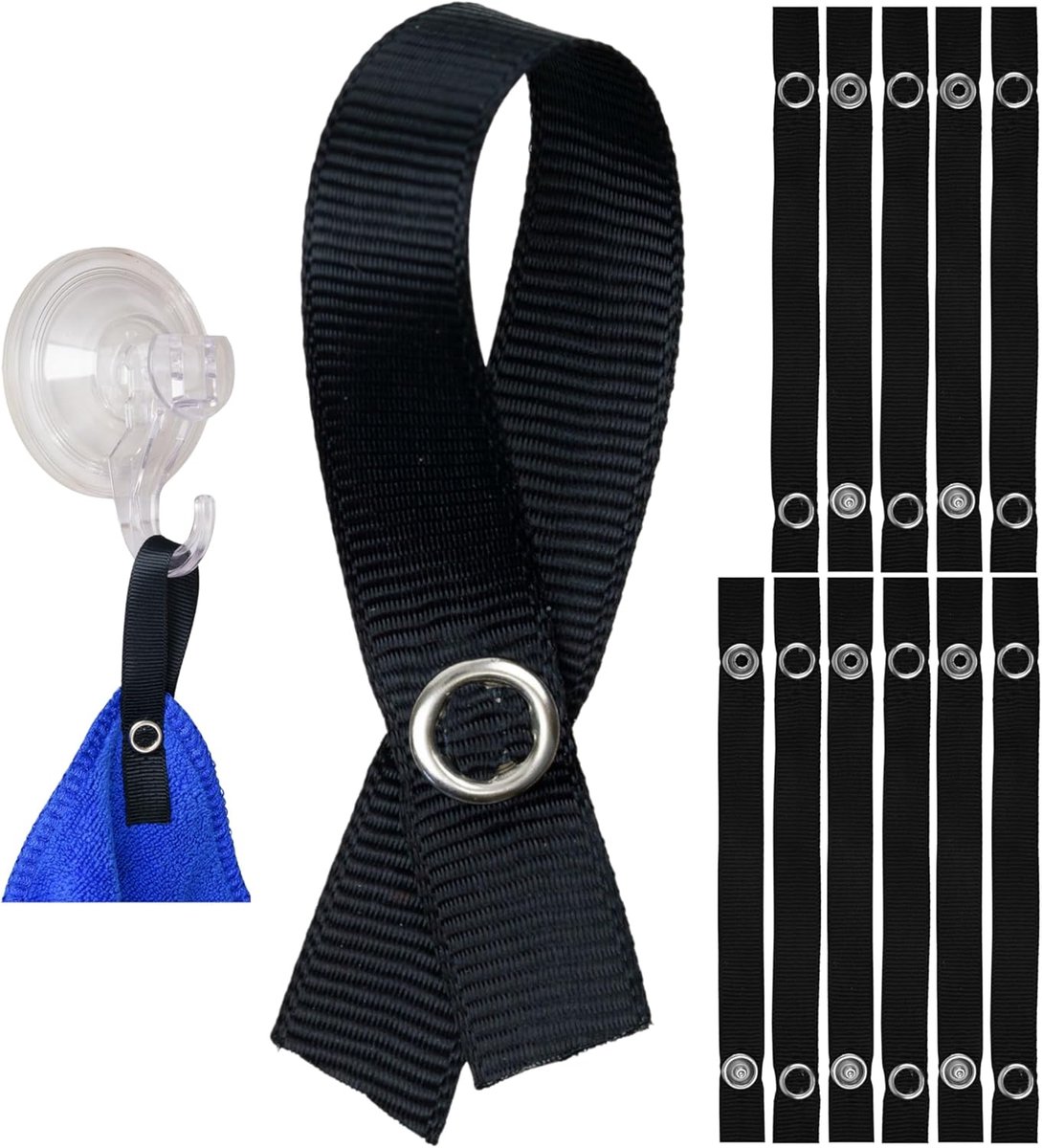 SnelShoppen - Pack van 12 zwarte hanglussen 150 x 12 mm met drukknoopsluiting voor theedoeken, handdoeken, decoratie, camperaccessoires