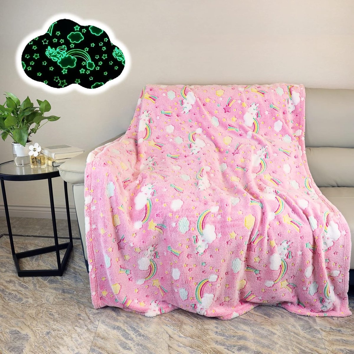 SnelShoppen - Glow in the Dark Throw Blanket Unicorn Flannel Fleece 150x200cm - Sofakleed voor Kinderen, Meisjes, Jongens & Volwassenen - Magische Sla