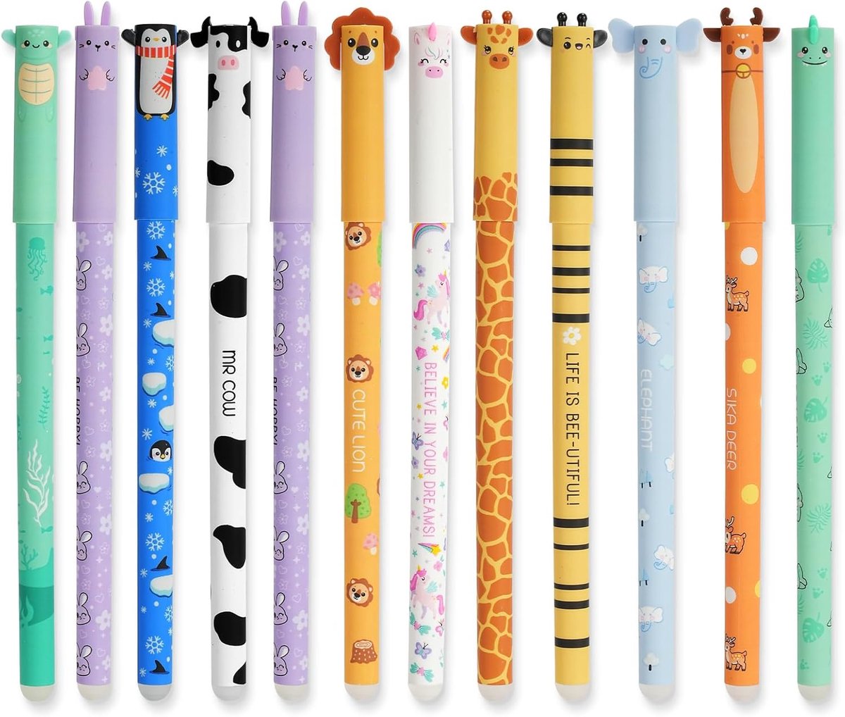 Thijox - 12 Uitwisbare Gelpennen met Thermogevoelige Inkt, 0,7 mm Punt, 8 Kleuren Assortiment met Schattige Dierenpatronen, Ideaal voor Kinderen en Cr
