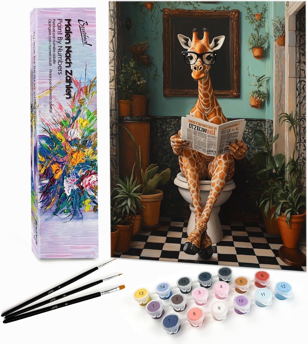 SnelShoppen - Bougimal Schilderen op Nummer Volwassenen Dier Giraffe 28x35 cm met Borstels en Acrylverf voor Creatieve Vrijtijd en Ontspanning