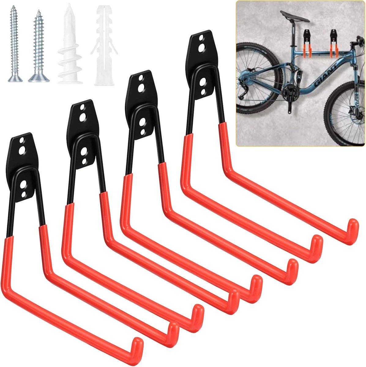 SnelShoppen - 4PCS Garage Opslaghaken voor Tuin- en Gereedschap, Stevige Wandmontage Haken van Staal met Oranje Antislip Coating, Ideaal voor Organisa