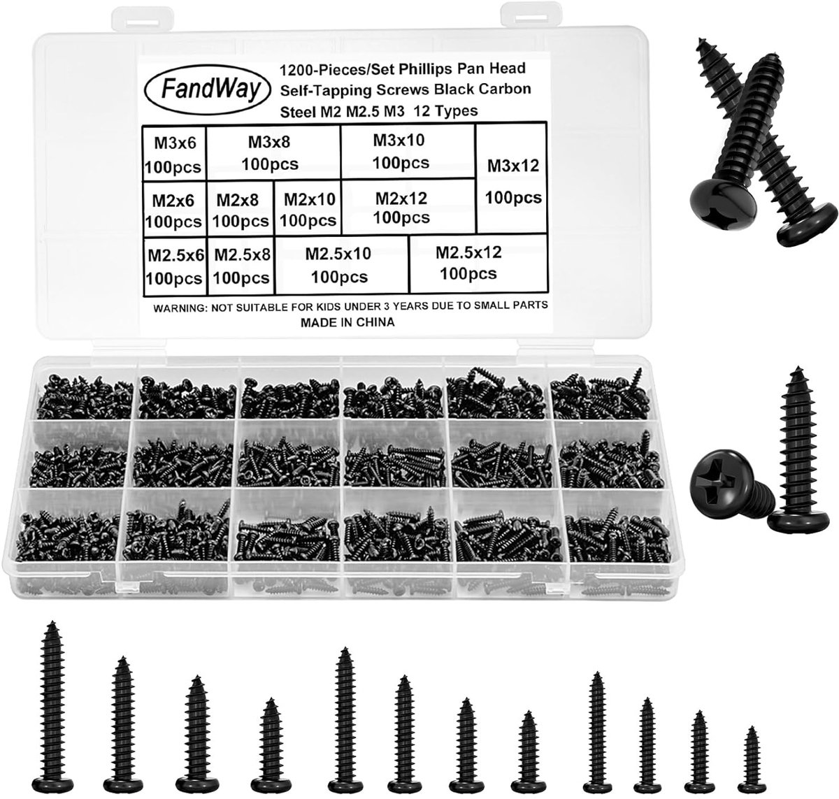 SnelShoppen - 1200 Stuks Zelftappende Schroeven Set, M2 M2.5 M3 Houtschroeven Zwart, Platen Schroeven Rond Hoofd, Boorschroeven Lens Hoofd, Zelfboor S