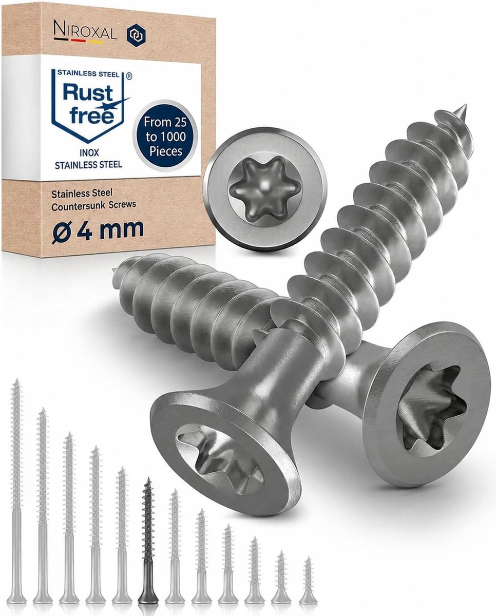 SnelShoppen - Houten Schroeven Torx Schroeven RVS V2A 4 x 45 mm Chipboard Schroeven voor Hout, Draaddeel, 100 Stuks, A2 Kwaliteit