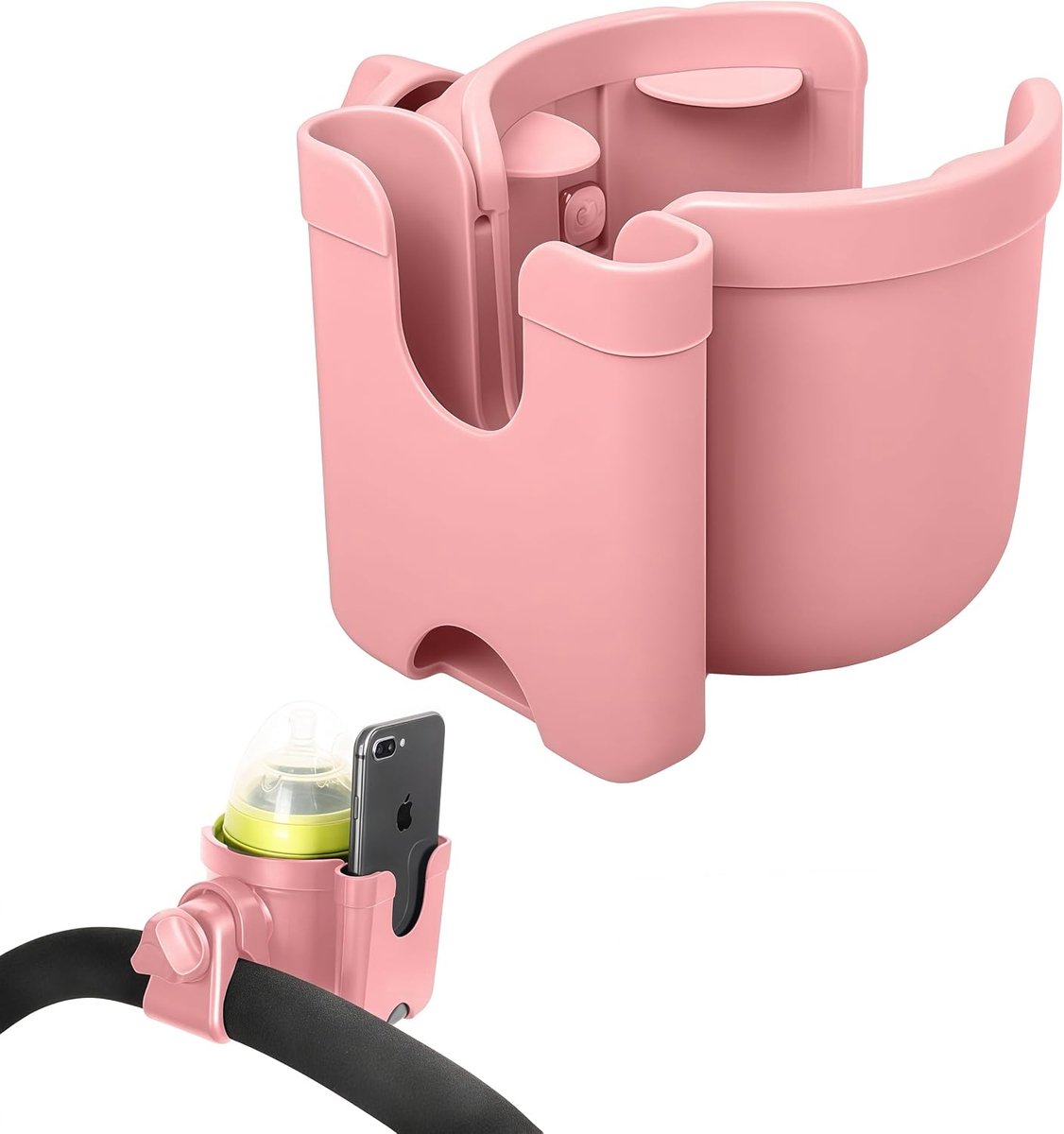 SnelShoppen - Universele Kinderwagen Bekerhouder met Telefoonhoes - 2-in-1 Opbergrek voor Kinderwagen - 360 Graden Rotatie - Roze - Reisvriendelijk Ac