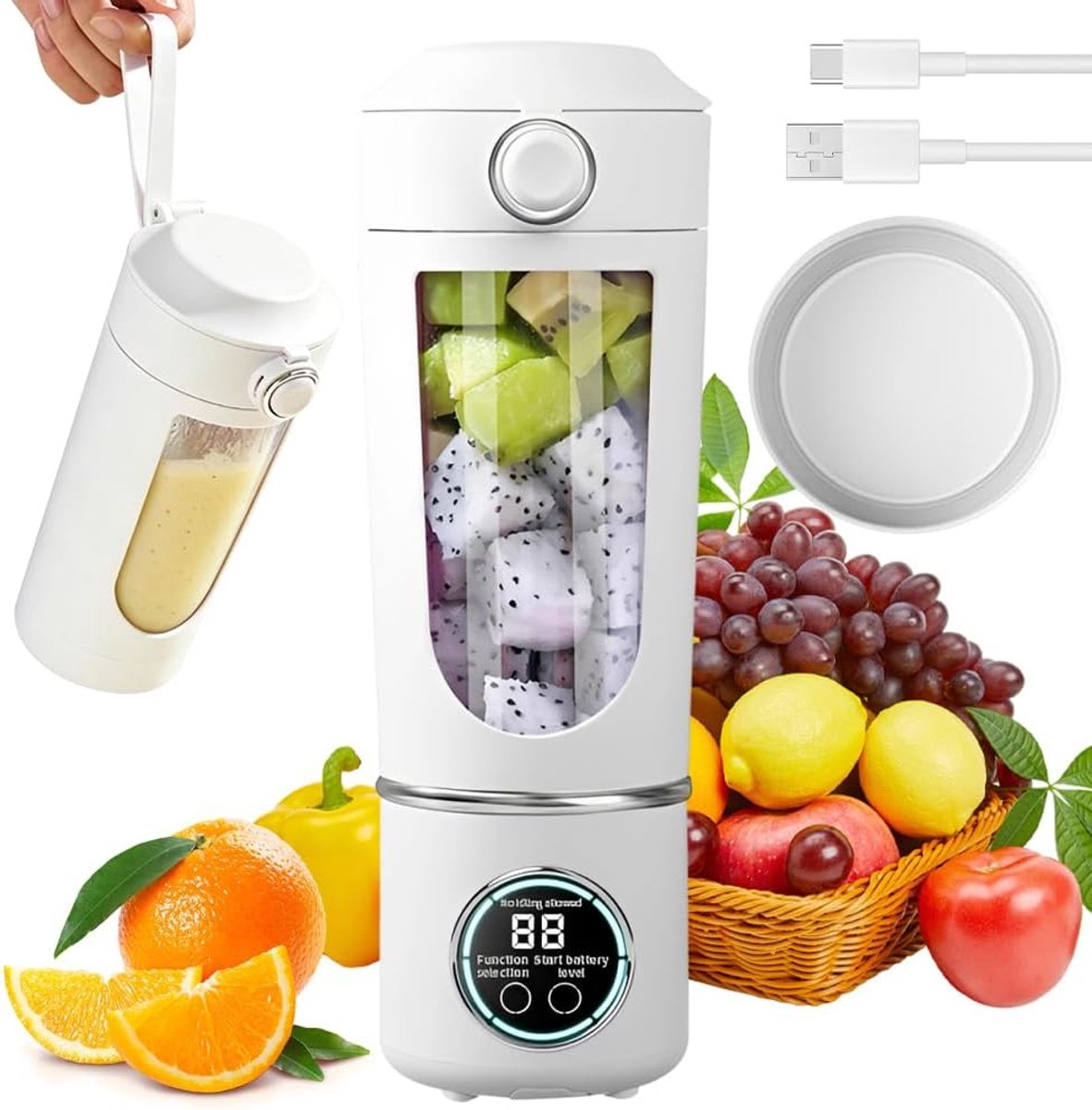 SnelShoppen - Draagbare Mixer 700 ml Oplaadbaar Mini-Mixer met Digitaal Display voor Milkshakes, Smoothies, Fruit, Groente, Fitnessstudio, Kantoor, Ca