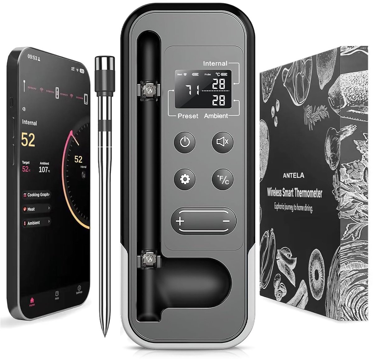 SnelShoppen - Draadloze Vlees Thermometer - Bluetooth Grill Thermometer met App - IP67 Waterdicht Rooster Thermometer - Slimme BBQ Thermometer voor Ov