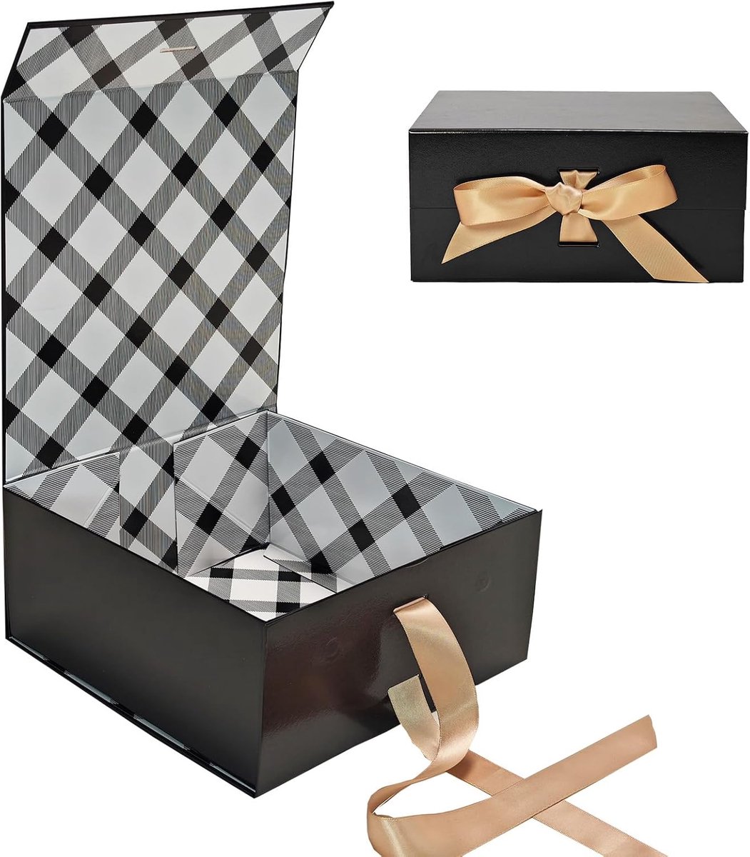 SnelShoppen - Premium Cadeaubox 21.5 x 21.5 x 9 cm met Magnetische Deksel en Ribbons voor Feestdagen, Bruiloft, Verjaardag - Luxe Zwart met Plaid Voer