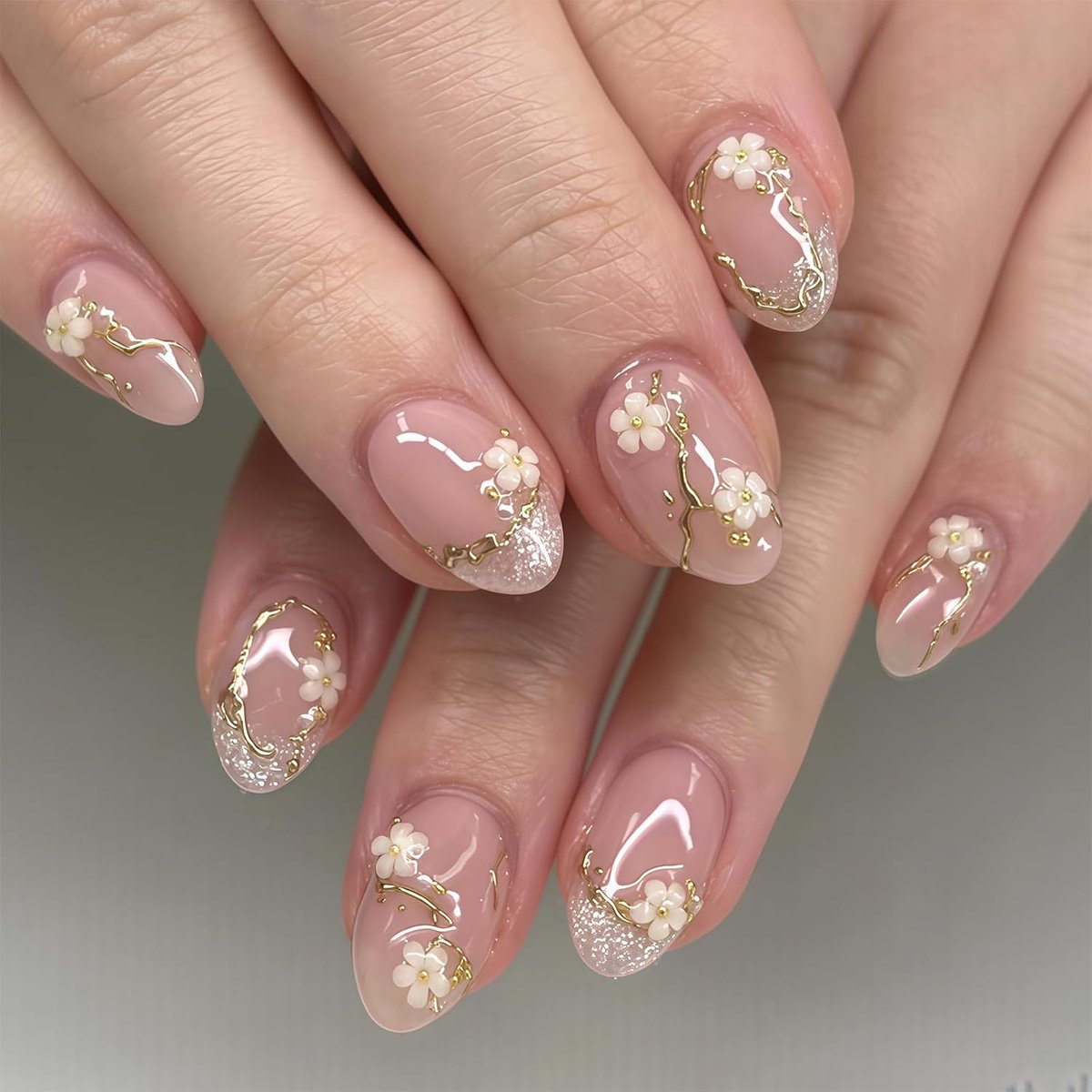 SnelShoppen - 24 Stuks Korte Ronde Druk Nagels, Franse Gouden Parels, Acrylaat, Zelfklevende Nagels voor Vrouwen, Bruiloft, Kantoor, Dagelijks Gebruik