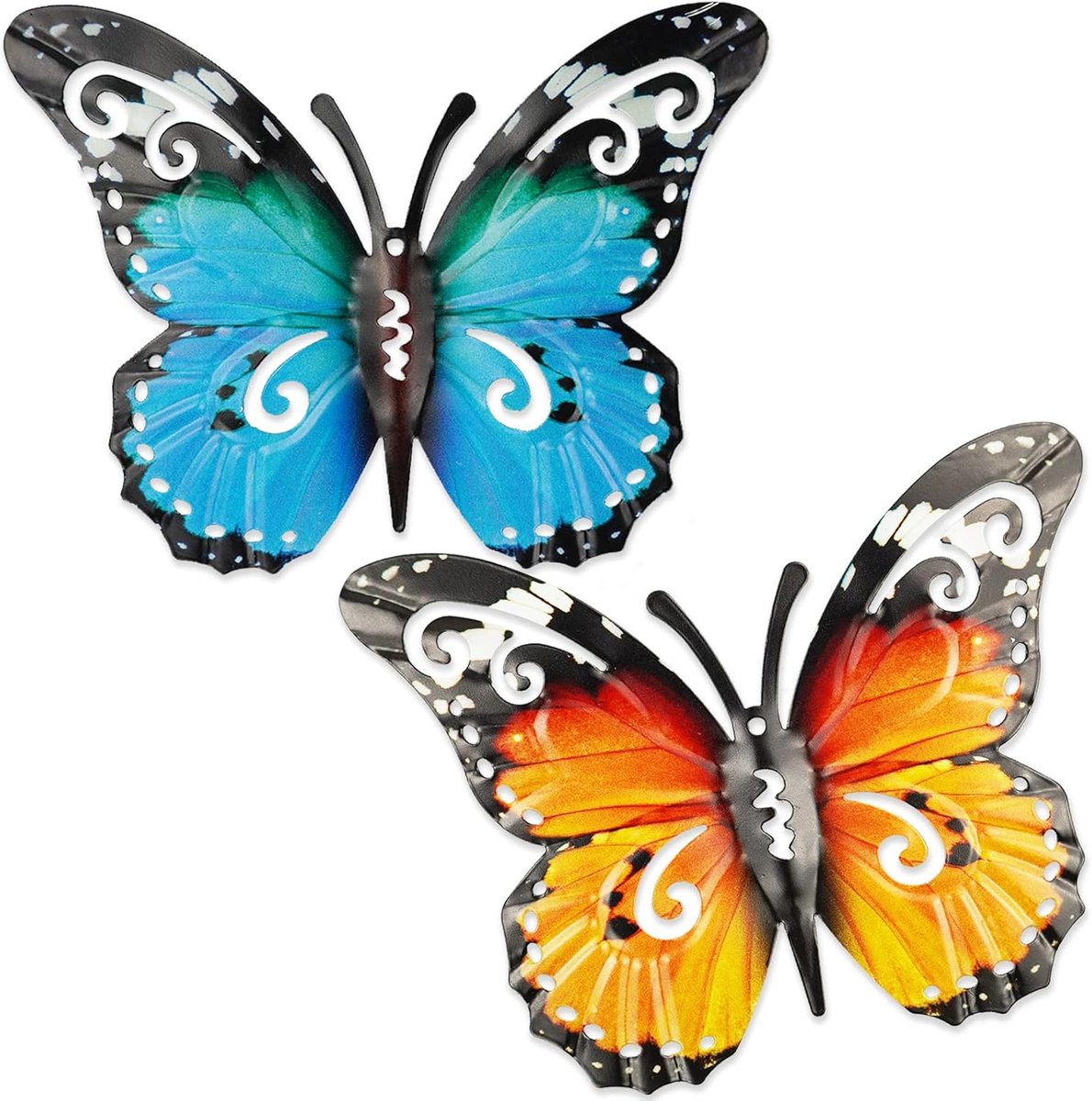 SnelShoppen - 2 Stuks Grote Metalen Vlinder Tuin Decoraties - Wanddecoratie voor Buiten, 27x22cm, Blauw en Geel, Perfect voor Tuin, Schutting en Muren