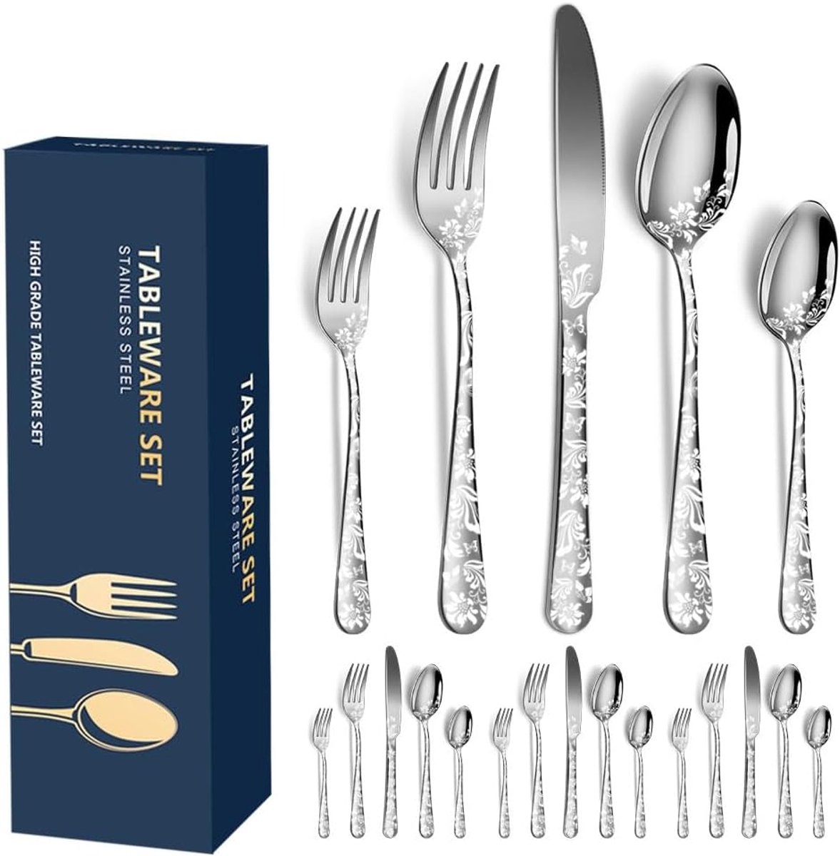 SnelShoppen - RVS Bestekset voor 4 Personen, 20 Delen, Gepolijst Patroon met Bloem Spiegelfinish, Bestek voor Keuken, Restaurant, Feest, Diner, Silver