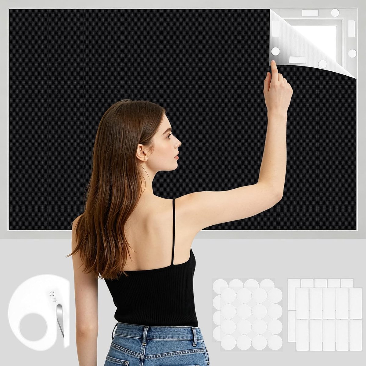 SnelShoppen - 300x145 cm 100% Blackout Rolgordijn Zelfklevend Zwart met 20 Paar Lange en 32 Paar Ronde Klittenbandstrips en Schaar, Geen Boren Voor Ve